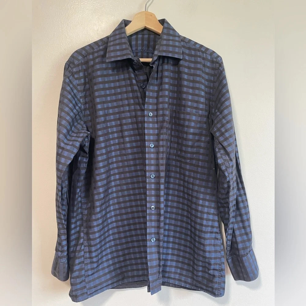 Louis Philippe Men's Blue and Black Plaid Dress Shirt -  40cm